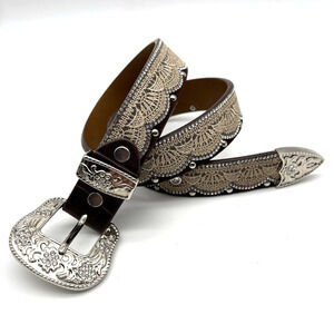 NEW Angel Ranch Brown Genuine Leather Crystal Trim Lace Overlay Belt YL 24-28"